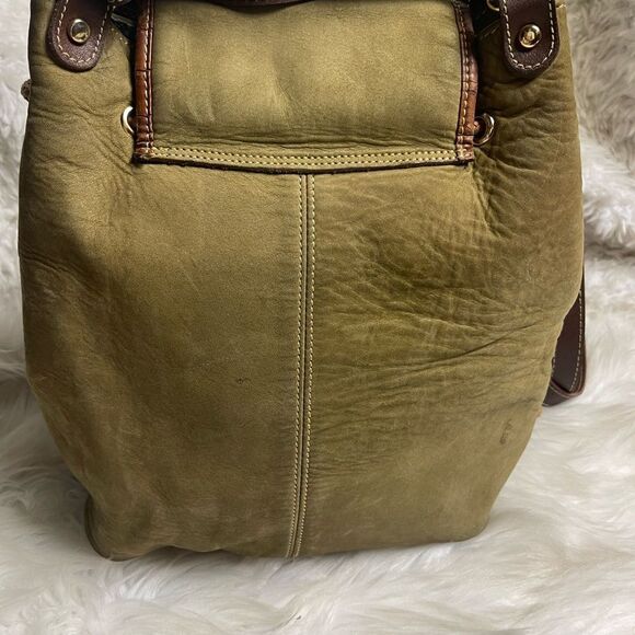 Francesco Biasia leather olive green and brown straps bucket drawstring bag. - Picture 9 of 16